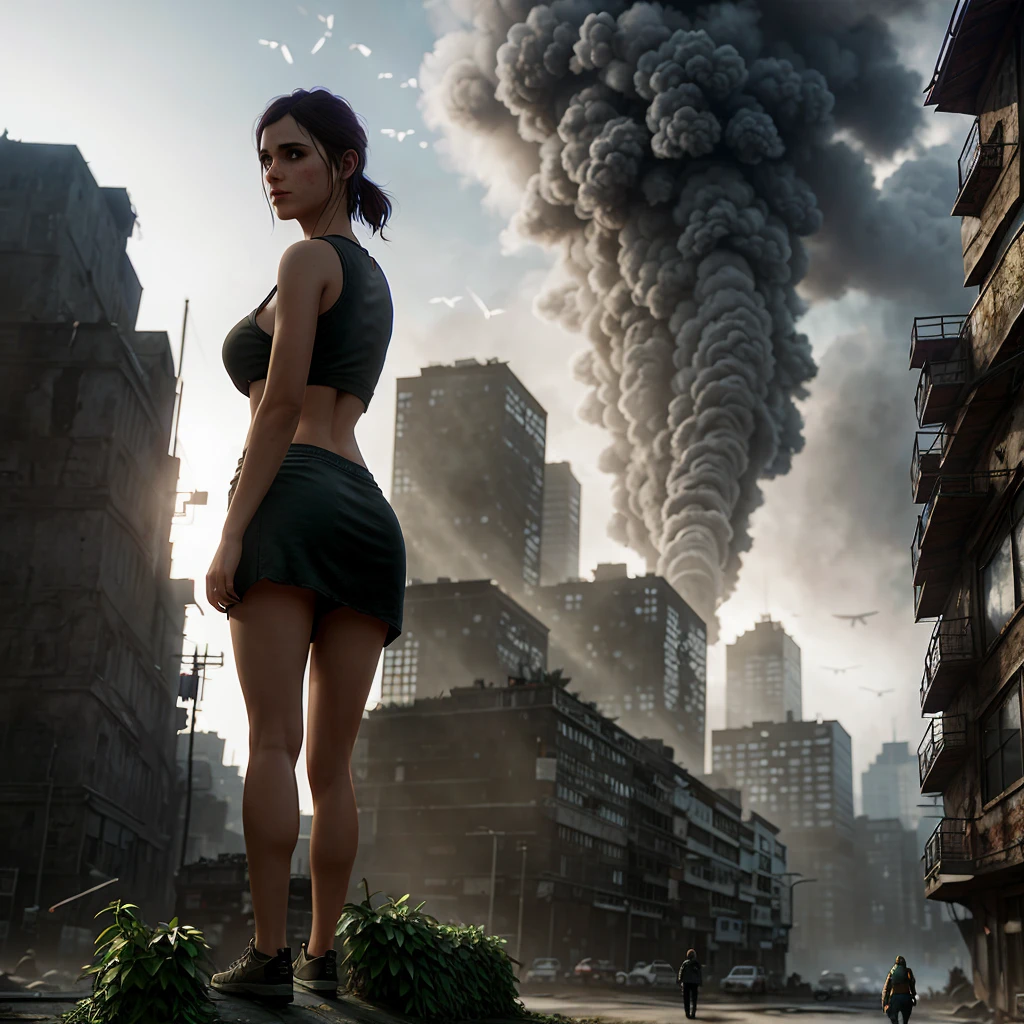 a woman, ellie enormous massive gigantic big large fat breasts, half body, (backpack:0.6), ((looking at viewer)), (ruined city background:1.3), (apocalypse:1.3), oppressive atmosphere, (Artstation:1.3), (intricate:1.1), (highly detailed:1.2), (digital painting:1.2), (sharp focus:1.2), (illustration:1.1), (3d:0.9), (3d_bacground:0.9), 8 k., fog, animals, postapocalyptic, overgrown with plant life and ivy, artgerm, octane render, unreal engine