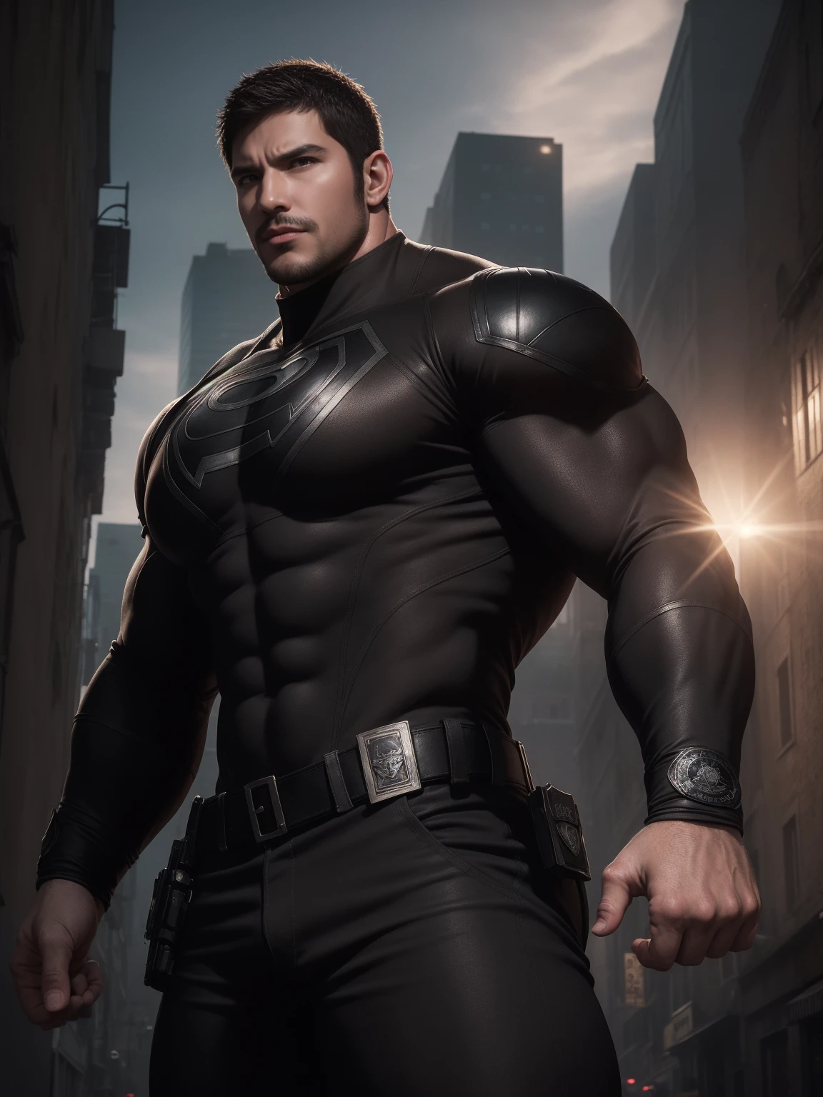 Angry super muscular man,  short hair，On a vintage outdoor street under the hot sun, Wear long sleeve dark brown superhero black panther tights, Dark brown texture，The expression is arrogant, Thick thighs, Messy hair, Thick thighs, Turtleneck Long Sleeve Dark Brown Superhero Bodysuit, very tight, Regular symmetrical pattern, High targetlight muscles, Police uniform pants, character concept（Resident Evil - Chris Redfield, Chris Redfield）A proud expression, Deep and charming eyes, Heroic male pose, tall Burly, muscular！muscular thighs, Tough Guy, Perfect facial features, High target, Burly, Heqiang, Super exquisite and cool, High target Resolution Committee, Charming, The sun is blazing, Dazzling