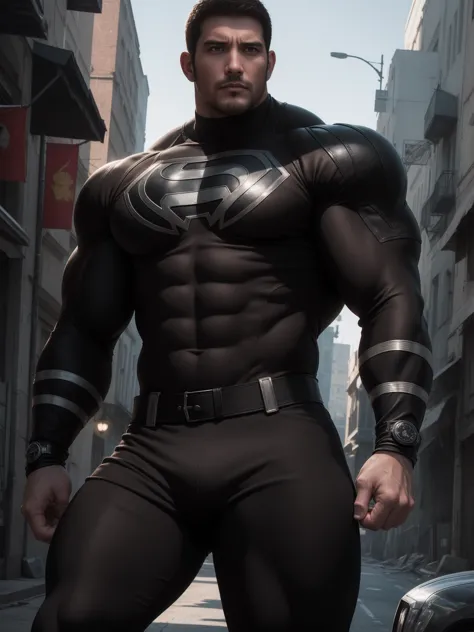 Angry super muscular man,  short hair，On a vintage outdoor street under the hot sun, Wear long sleeve dark brown superhero black...