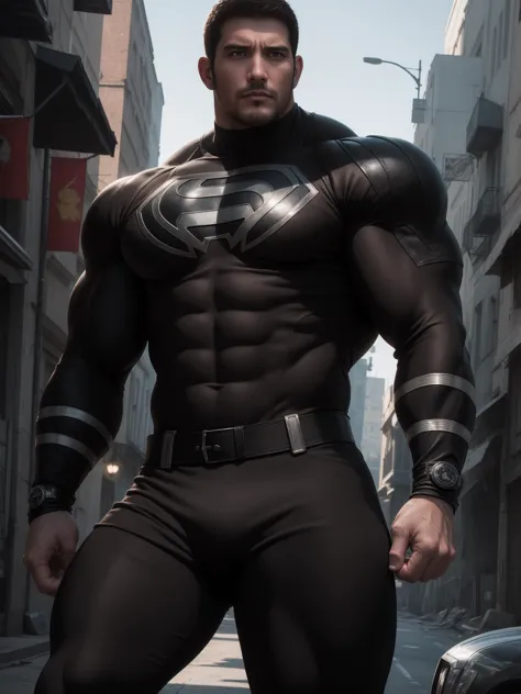 angry super muscular man,  short hair，on a vintage outdoor street under the hot sun, wear long sleeve dark brown superhero black...