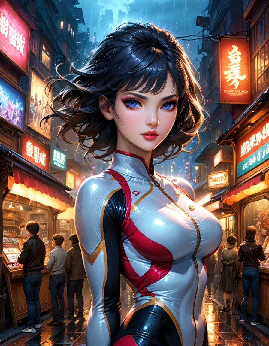 Rainy night,city,Beautiful woman with gal make-up wearing a sports suit on the busy street of Gintama, Surrounded by sellers, Beautiful portrait of a stunning goddess girl, Beautifully detailed face, Porcelain-like skin, Full Body Shot, Centered, Super soft lighting, Symmetric, complicated, elegant, Very detailed, Realistic, Art Station, Concept Art, Smooth, Imagined by Greg Rutkowski and Boris Vallejo, cover, Trendy style