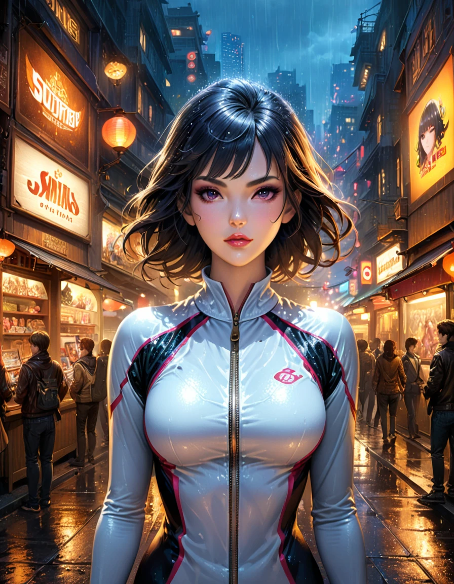 Rainy night,city,Beautiful woman with gal make-up wearing a sports suit on the busy street of Gintama, Surrounded by sellers, Beautiful portrait of a stunning goddess girl, Beautifully detailed face, Porcelain-like skin, Full Body Shot, Centered, Super soft lighting, Symmetric, complicated, elegant, Very detailed, Realistic, Art Station, Concept Art, Smooth, Imagined by Greg Rutkowski and Boris Vallejo, cover, Trendy style