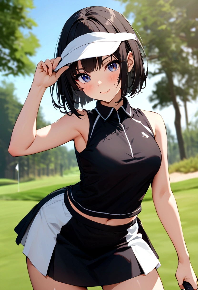 sound　high resolution　8k beauty　Woman playing golf　Golf course　Beautiful woman　Bobcut　Black Hair　　Golf Wear　mini skirt　smile　　looking at the camera　nice shot　No sleeve　Sun visor