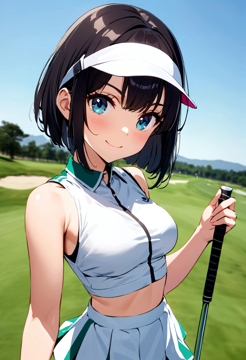 sound　high resolution　8k beauty　Woman playing golf　Golf course　Beautiful woman　Bobcut　Black Hair　　Golf Wear　mini skirt　smile　　looking at the camera　nice shot　No sleeve　Sun visor