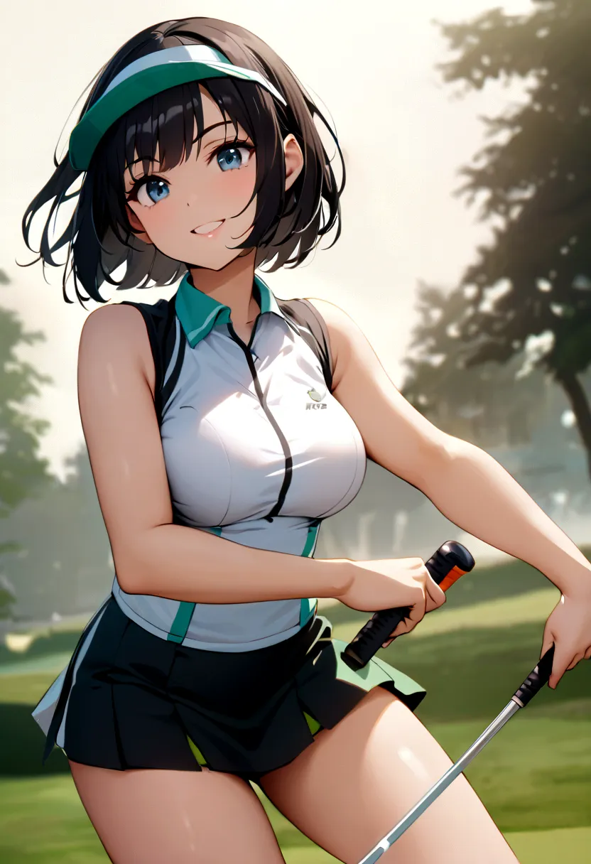 sound　high resolution　8k beauty　Woman playing golf　Golf course　Beautiful woman　Bobcut　Black Hair　　Golf Wear　mini skirt　smile　　lo...