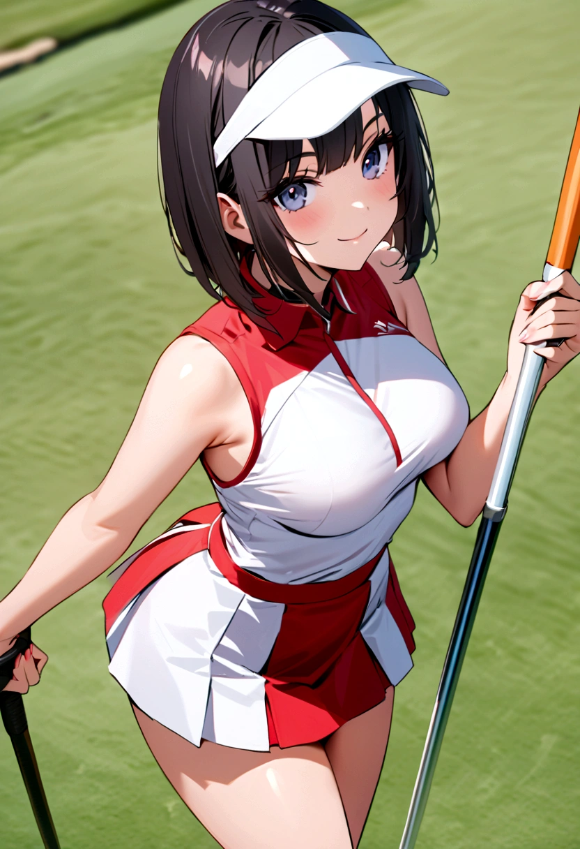 sound　high resolution　8k beauty　Woman playing golf　Golf course　Beautiful woman　Bobcut　Black Hair　　Golf Wear　mini skirt　smile　　looking at the camera　nice shot　No sleeve　Sun visor