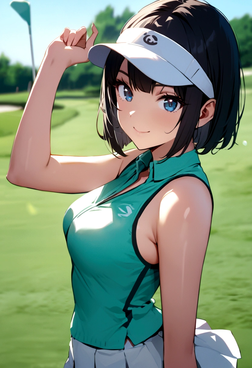 Som　Alta resolução　beleza 8k　Mulher que joga golfe　Campo de golfe　Mulher bonita　Bobcut　Cabelo preto　　Roupas de golfe　mini-saia　sorriso　　olhando para a câmera　Bom tiro　sem manga　visor solar