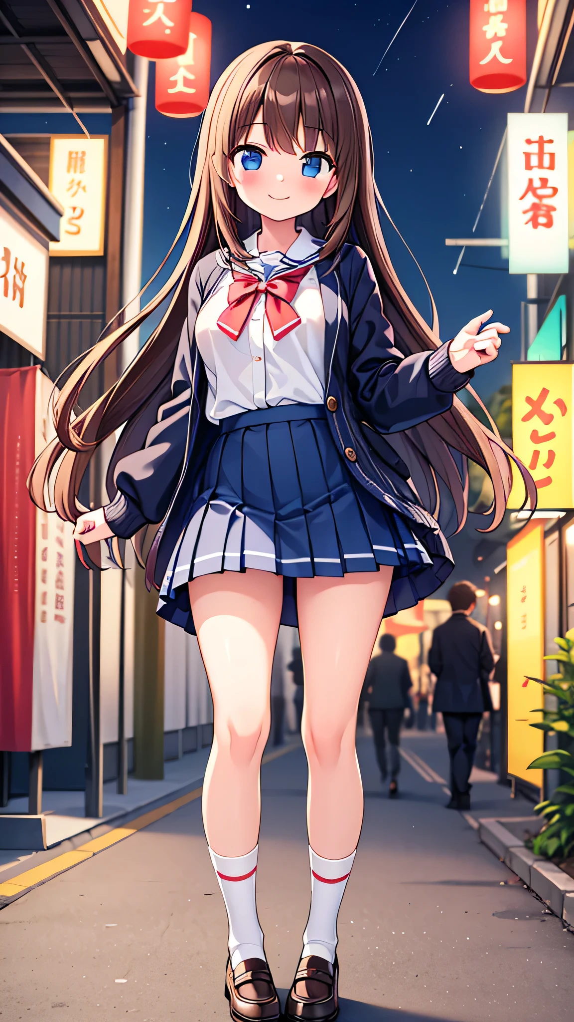 {Highest quality], [Super beautiful], [Ultra fine], [Best illustration], NSFW,Brown Hair, Hime cut, Long Hair, With bangs, girl,high school student,uniform,knit cardigan,skirt,smile, blush, Slender women, Adult women,Standing posture,(Public),Night Park,Summer festival,diagonal, Navy blue knee socks,Black loafa