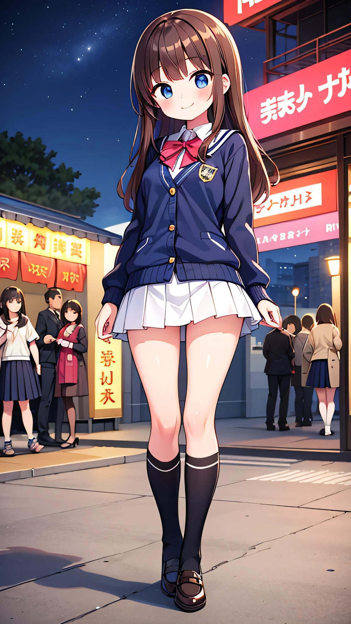 {Highest quality], [Super beautiful], [Ultra fine], [Best illustration], NSFW,Brown Hair, Hime cut, Long Hair, With bangs, girl,high school student,uniform,knit cardigan,skirt,smile, blush, Slender women, Adult women,Standing posture,(Public),Night Park,Summer festival,diagonal, Navy blue knee socks,Black loafa