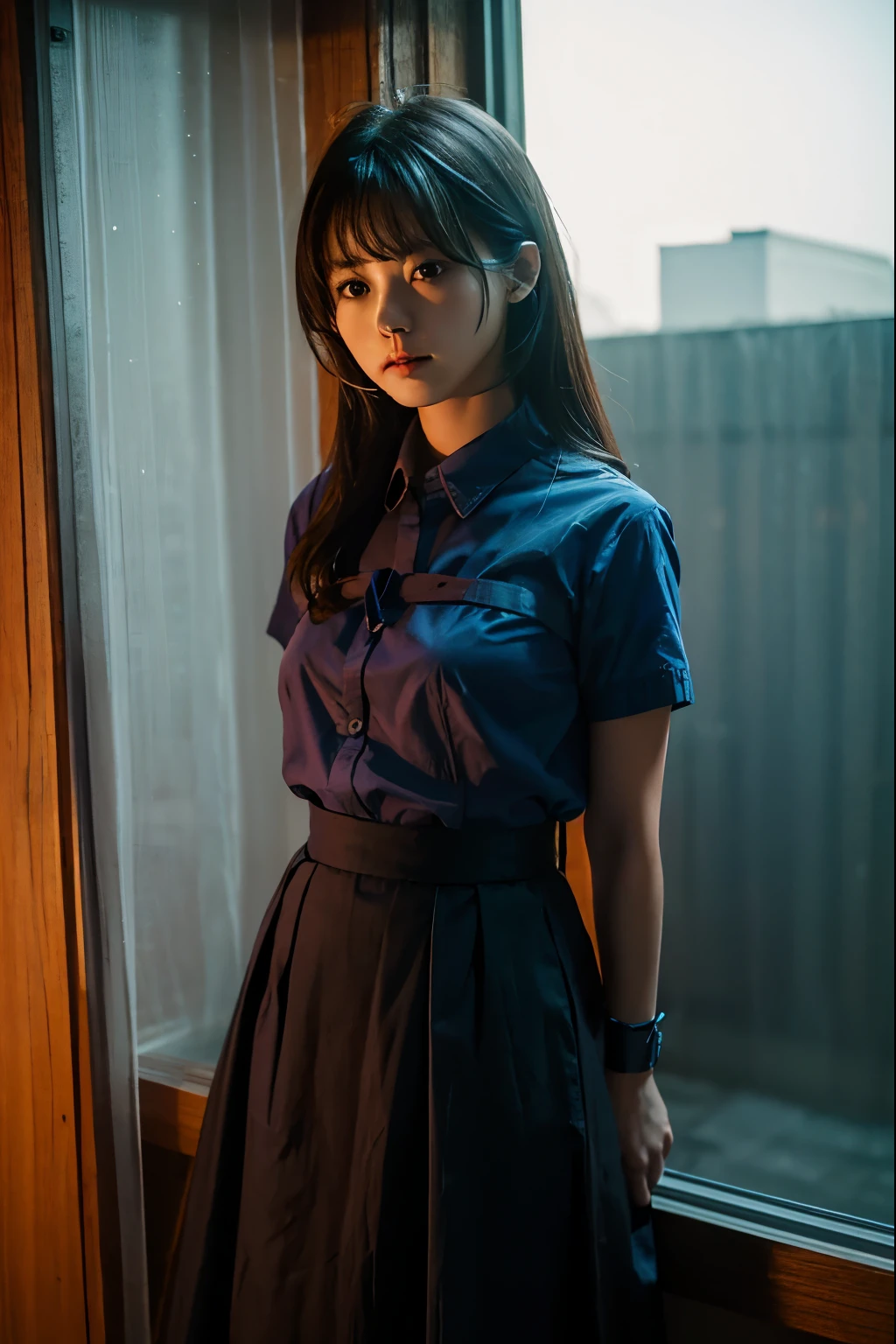 Cute girl is confined and tied up、A lighted room at night、Blue semi-long skirt、Red short sleeve shirt、Are standing、beauty、Age 25、Medium meat、Outside the window is night、Like a photograph、