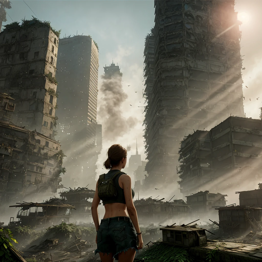 a woman, ellie enormous massive gigantic big large fat breasts enormous massive gigantic big large fat ass bimbo, half body, (backpack:0.6), ((looking at viewer)), (ruined city background:1.3), (apocalypse:1.3), oppressive atmosphere, (Artstation:1.3), (intricate:1.1), (highly detailed:1.2), (digital painting:1.2), (sharp focus:1.2), (illustration:1.1), (3d:0.9), (3d_bacground:0.9), 8 k., fog, animals, postapocalyptic, overgrown with plant life and ivy, artgerm, octane render, unreal engine