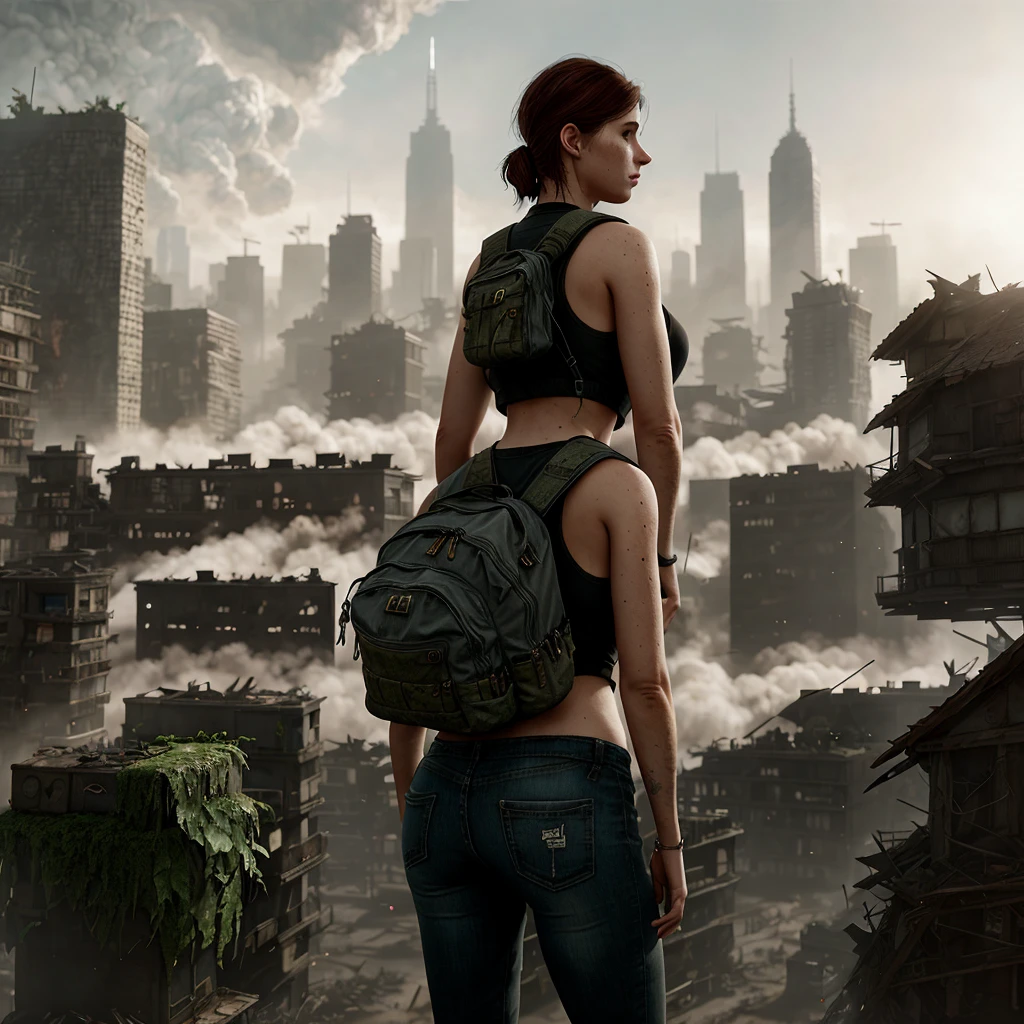 a woman, ellie enormous massive gigantic big large fat breasts enormous massive gigantic big large fat ass bimbo, half body, (backpack:0.6), ((looking at viewer)), (ruined city background:1.3), (apocalypse:1.3), oppressive atmosphere, (Artstation:1.3), (intricate:1.1), (highly detailed:1.2), (digital painting:1.2), (sharp focus:1.2), (illustration:1.1), (3d:0.9), (3d_bacground:0.9), 8 k., fog, animals, postapocalyptic, overgrown with plant life and ivy, artgerm, octane render, unreal engine