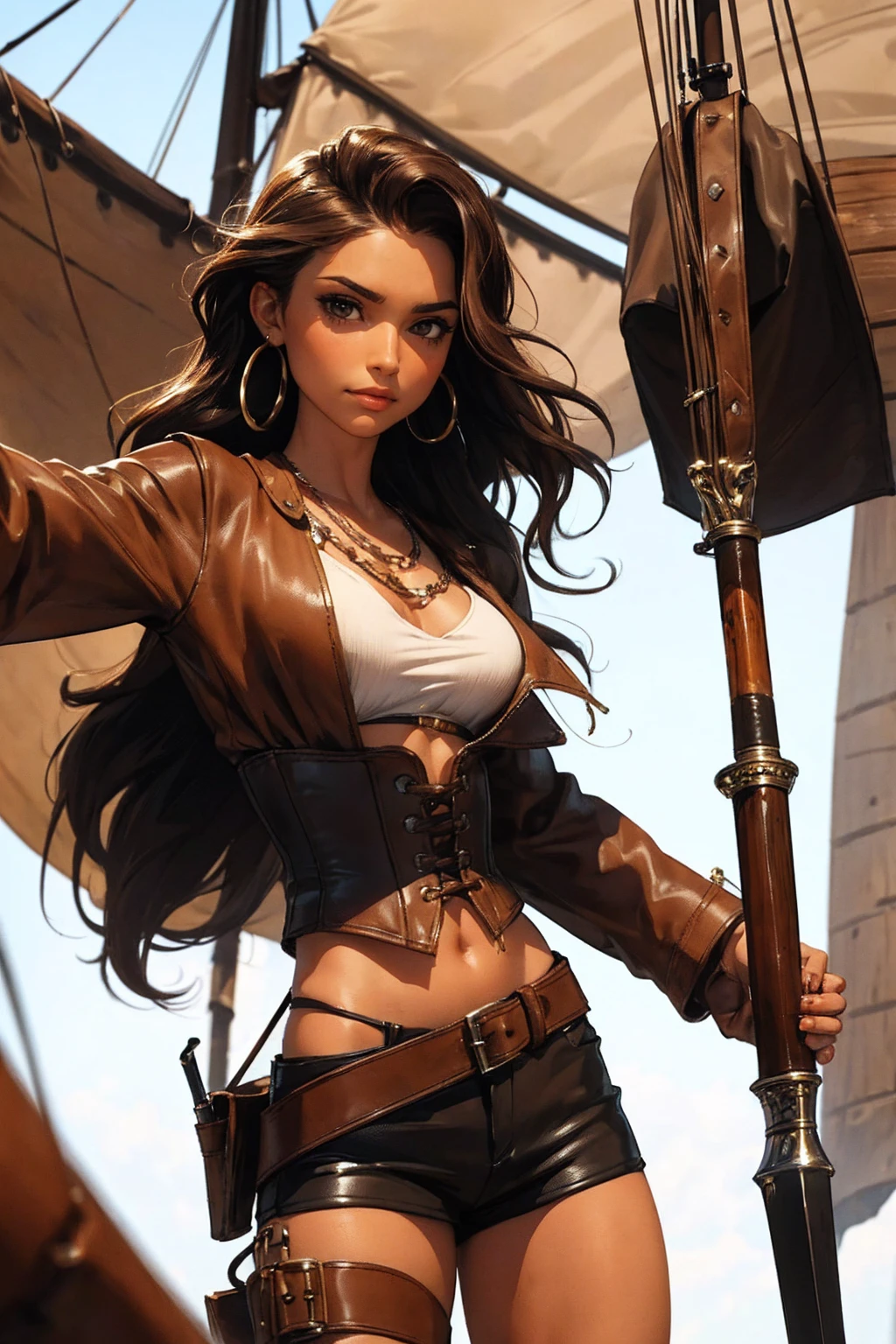 (masterpiece), best quality, expressive eyes, perfect face, (pirate ship background), (standing), (smirk), (closeup view), (1girl, vanessa alessia, dark skin, tanned skin, brown hair, wavy hairstyle, brown eyes, hourglass figure, thin body, skinny body, petite_body, medium breasts, thick thighs, long fingernails, white front lace blouse, long sleeve, loose fit, brown leather corset, brown leather shorts, brown boots, sheathed cutlass sword, flintlock pistol in holster, hoop earrings, miscellaneous jewelry)