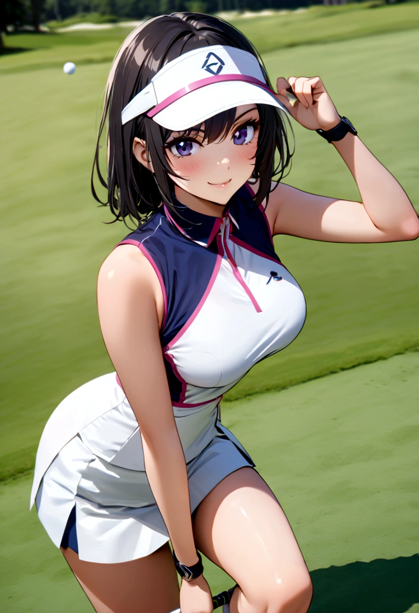 sound　high resolution　8k beauty　Woman playing golf　Golf course　Beautiful woman　Wolf Cut　Black Hair　　Golf Wear　mini skirt　smile　　looking at the camera　nice shot　No sleeve　Sun visor