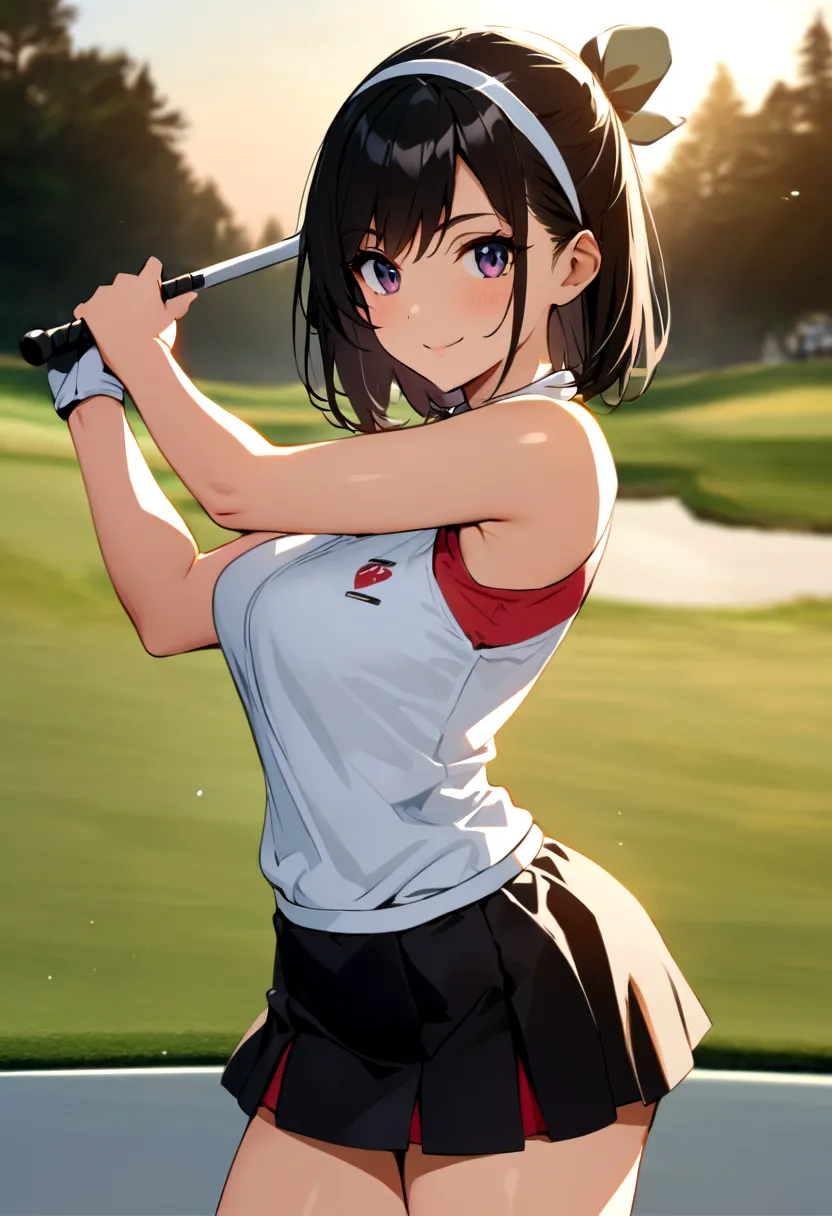 sound　high resolution　8k beauty　Woman playing golf　Golf course　Beautiful woman　Wolf Cut　Black Hair　　Golf Wear　mini skirt　smile　　...