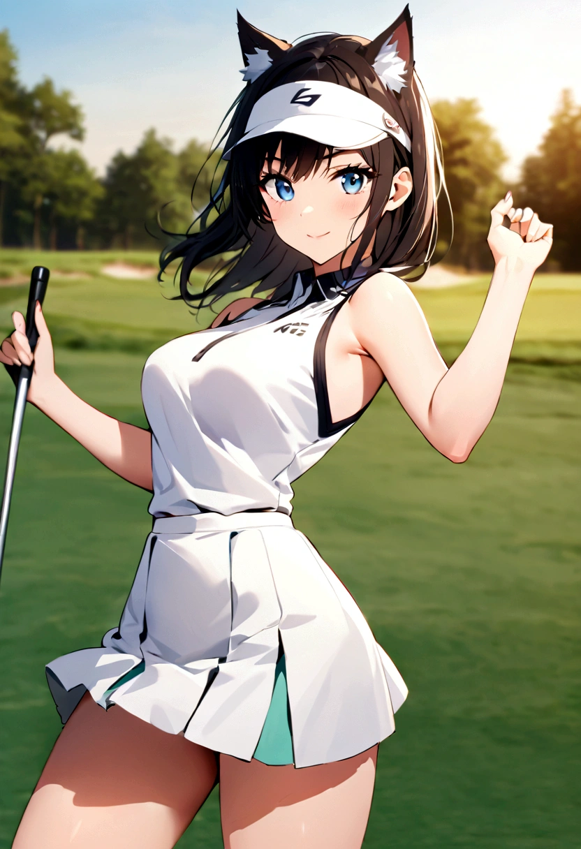 sound　high resolution　8k beauty　Woman playing golf　Golf course　Beautiful woman　Wolf Cut　Black Hair　　Golf Wear　mini skirt　smile　　looking at the camera　nice shot　No sleeve　Sun visor