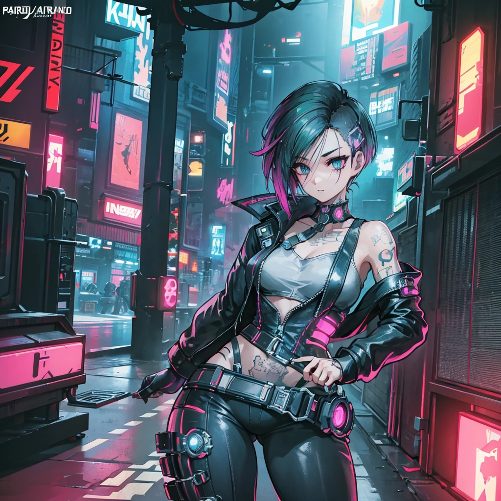 Create an anime-style, high-resolution, ultrasharp 8K masterpiece of Judy Alvarez from "Cyberpunk 2077." She has a punk-inspired look with partially shaved sides and the rest of her hair dyed in vibrant colors. Her expressive eyes are highlighted with bold, edgy makeup. She sports a series of intricate tattoos covering her neck, arms, and torso, adding to her rebellious aura. Judy wears a stylish, futuristic outfit with a mix of leather and neon accents, embodying the gritty, cyberpunk aesthetic. The background should reflect the neon-lit streets of Night City, emphasizing the urban, high-tech environment. Capture her confident, determined expression as she stands ready, showcasing her role as a skilled braindance technician and fierce protector of the marginalized.