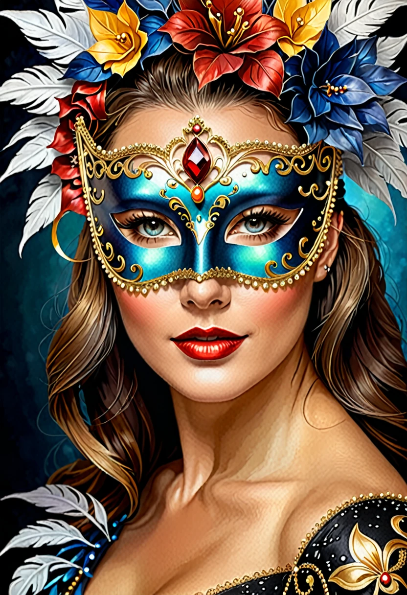 Portrait of a woman in a richly decorated masquerade mask. the mask has high detail and elegant style. the design creates an atmosphere of mystery, fantasy, and magic.