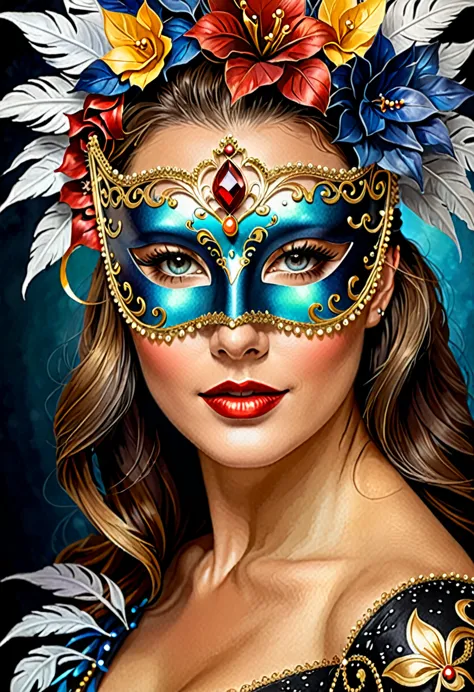 Portrait of a woman in a richly decorated masquerade mask. the mask has high detail and elegant style. the design creates an atm...
