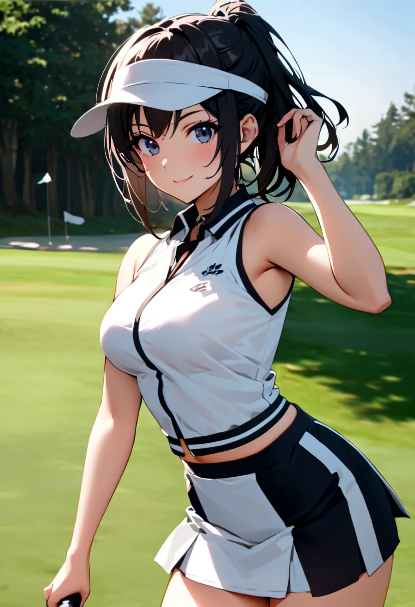 sound　high resolution　8k beauty　woman playing golf　golf course　beautiful woman　wolf cut　black hair　　golf wear　mini skirt　smile　　...