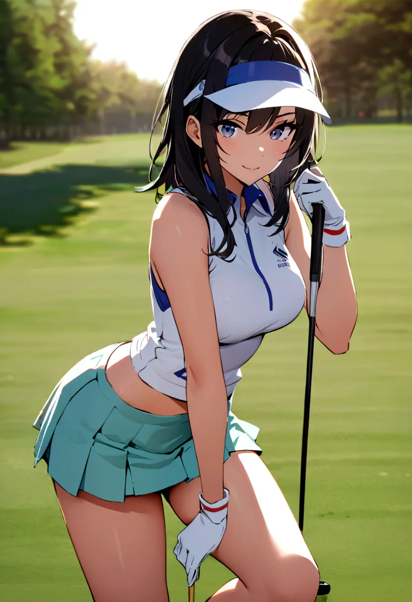 sound　high resolution　8k beauty　Woman playing golf　Golf course　Beautiful woman　Wolf Cut　Black Hair　　Golf Wear　mini skirt　smile　　...