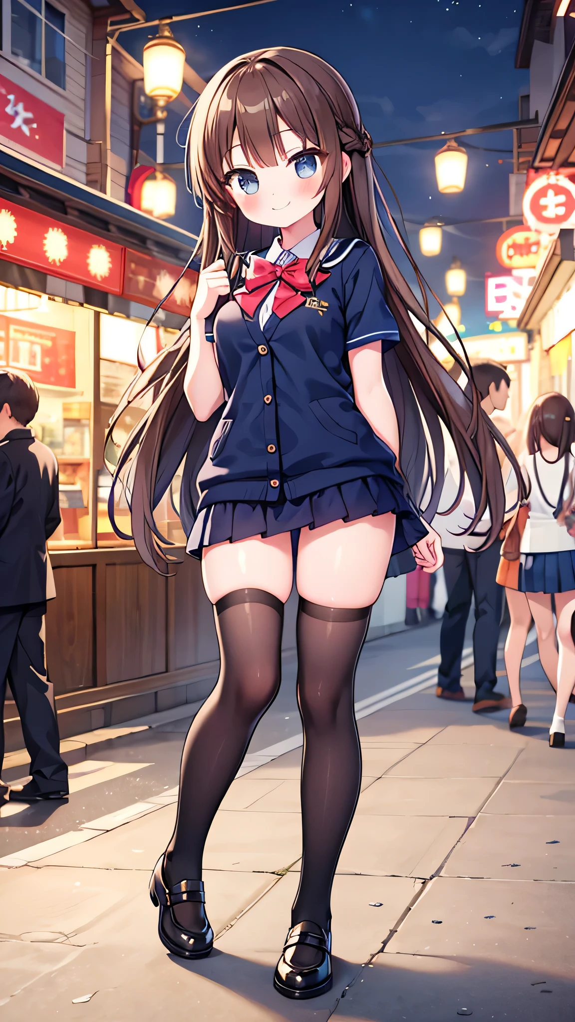 {Highest quality], [Super beautiful], [Ultra fine], [Best illustration], NSFW,Brown Hair, Hime cut, Long Hair, With bangs, girl,,uniform,knit cardigan,Short sleeve,skirt,smile, blush, Slender women,Standing posture,(Public),Night Park,Summer festival,diagonal, Navy blue knee socks,Black loafa