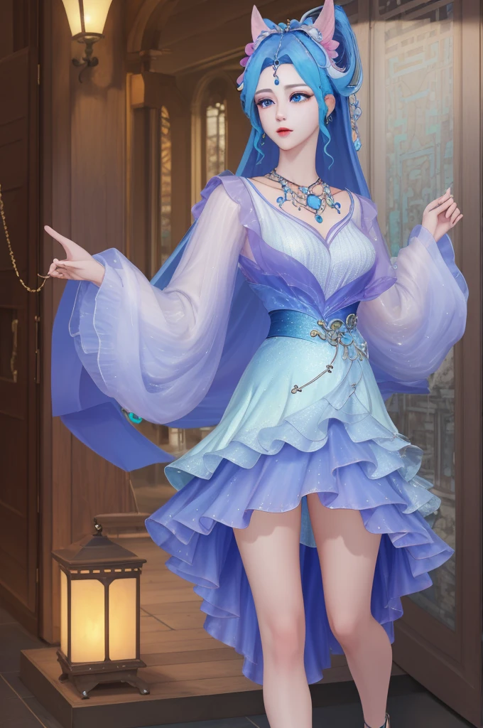 8K,high resolution,absurd,masterpiece,best quality,The original,Extremely detailed CG,Extremely detailed wallpaper,Perfect lighting,1 Girl,Solitary,Vague_background,Watching_exist_Viewer,站exist舞台上,
WZRY Diao Chan HQG,Blue Hair,skirt,Bare legs,Long hair,blue eyes,Hair accessories,Jewelry,High heel,necklace,Puffy long sleeves,