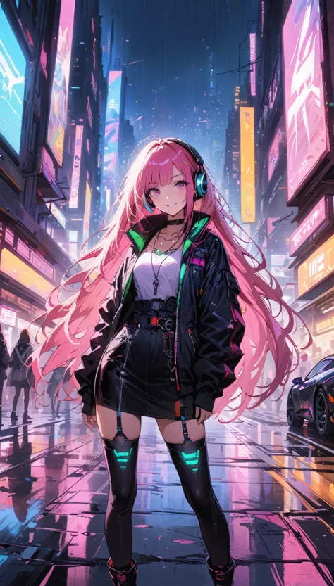 1girl,cyberpunk, chinese girl, translucent，wearing headphones，futuristic city, neon lights, high-tech, digital sky, large moon, ...