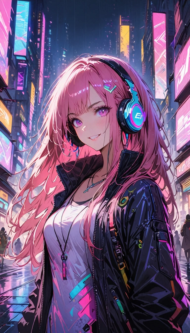 1girl,cyberpunk, Chinese girl, translucent，Wearing headphones，futuristic city, neon lights, high-tech, digital sky, large moon, flying cars, futuristic dress, glowing earphones, jewelry, necklace, long hair, transparent accessories, dynamic pose, smiling, facing camera, ultra-realistic, high-quality, 8K resolution, detailed, futuristic, modern fashion, traditional elements, glowing jewelry, cyberpunk fashion