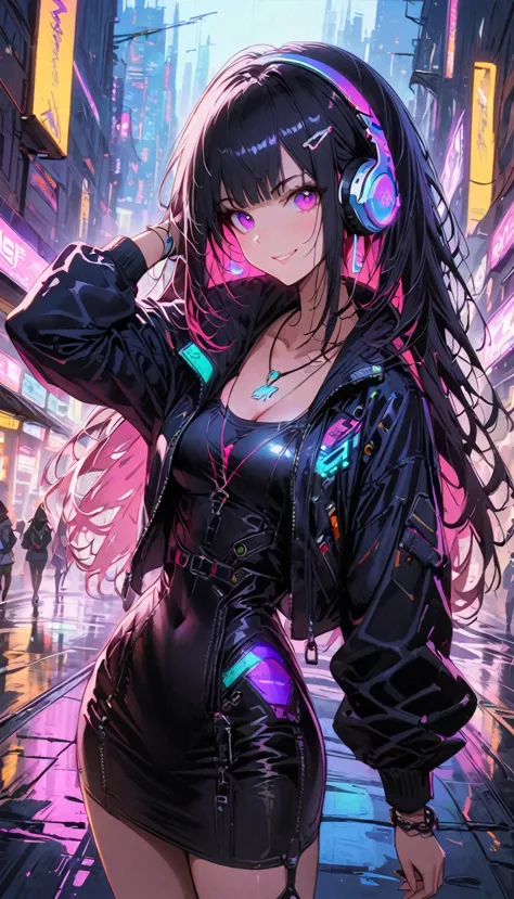 1girl,cyberpunk, chinese girl, translucent，wearing headphones，futuristic city, neon lights, high-tech, digital sky, large moon, ...