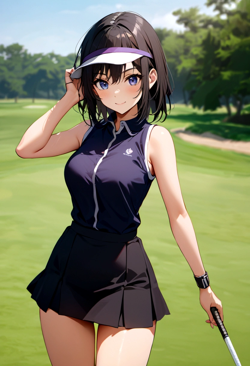 sound　high resolution　8k beauty　Woman playing golf　Golf course　Beautiful woman　Wolf Cut　Black Hair　　Golf Wear　mini skirt　smile　　looking at the camera　nice shot　No sleeve　Sun visor　wild