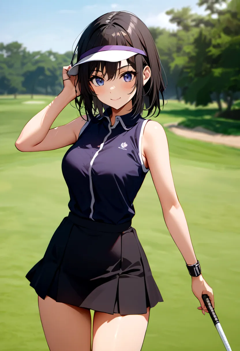 sound　high resolution　8k beauty　woman playing golf　golf course　beautiful woman　wolf cut　black hair　　golf wear　mini skirt　smile　　...