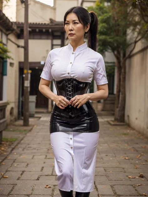 ((best quality)), ((masterpiece)), (4k details), photorealism, full body, (((old asian woman))), ((age 70)), tight black latex l...