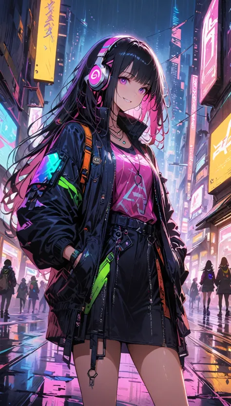 1girl,cyberpunk, chinese girl, translucent，wearing headphones，futuristic city, neon lights, high-tech, digital sky, large moon, ...