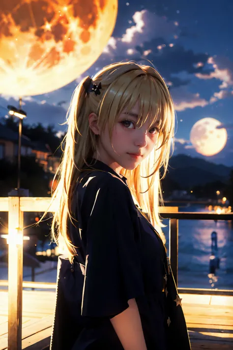 yami , star night, stars , night , outside, moon, full moon, blonde_hair, red eyes