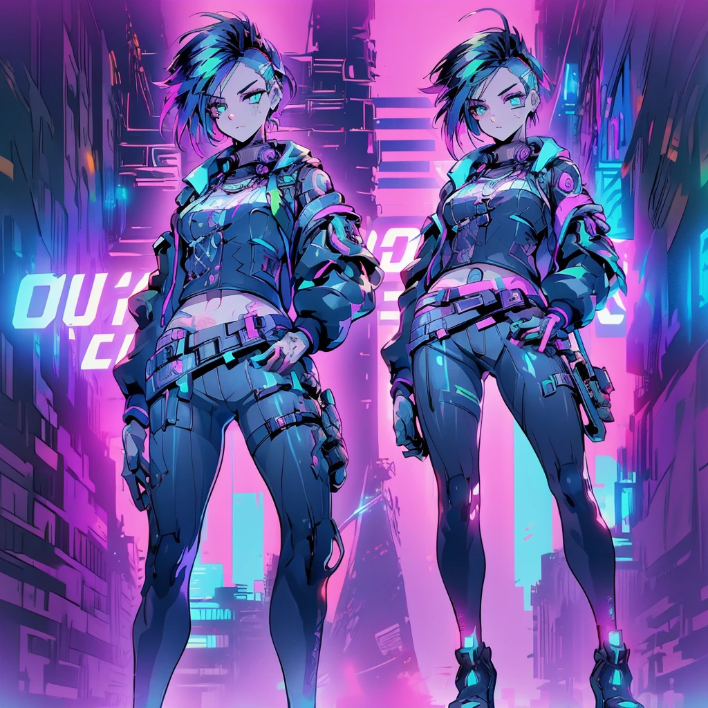 Create an anime-style, high-resolution, ultrasharp 8K masterpiece of Judy Alvarez from "Cyberpunk 2077." She has a punk-inspired look with partially shaved sides and the rest of her hair dyed in vibrant colors. Her expressive eyes are highlighted with bold, edgy makeup. She sports a series of intricate tattoos covering her neck, arms, and torso, adding to her rebellious aura. Judy wears a stylish, futuristic outfit with a mix of leather and neon accents, embodying the gritty, cyberpunk aesthetic. The background should reflect the neon-lit streets of Night City, emphasizing the urban, high-tech environment. Capture her confident, determined expression as she stands ready, showcasing her role as a skilled braindance technician and fierce protector of the marginalized.