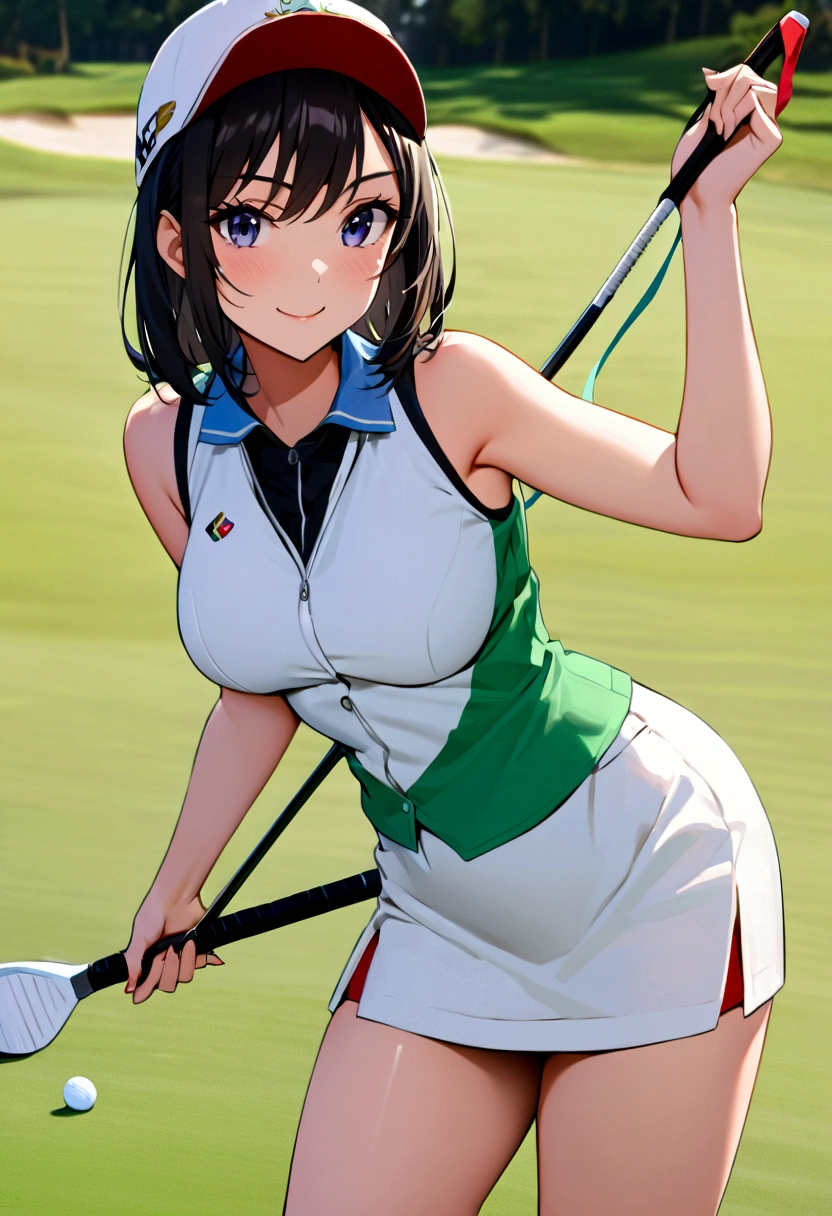 sound　high resolution　8k beauty　Woman playing golf　Golf course　Beautiful woman　Timid　Black Hair　　Golf Wear　mini skirt　smile　　looking at the camera　nice shot　No sleeve　hat　wild