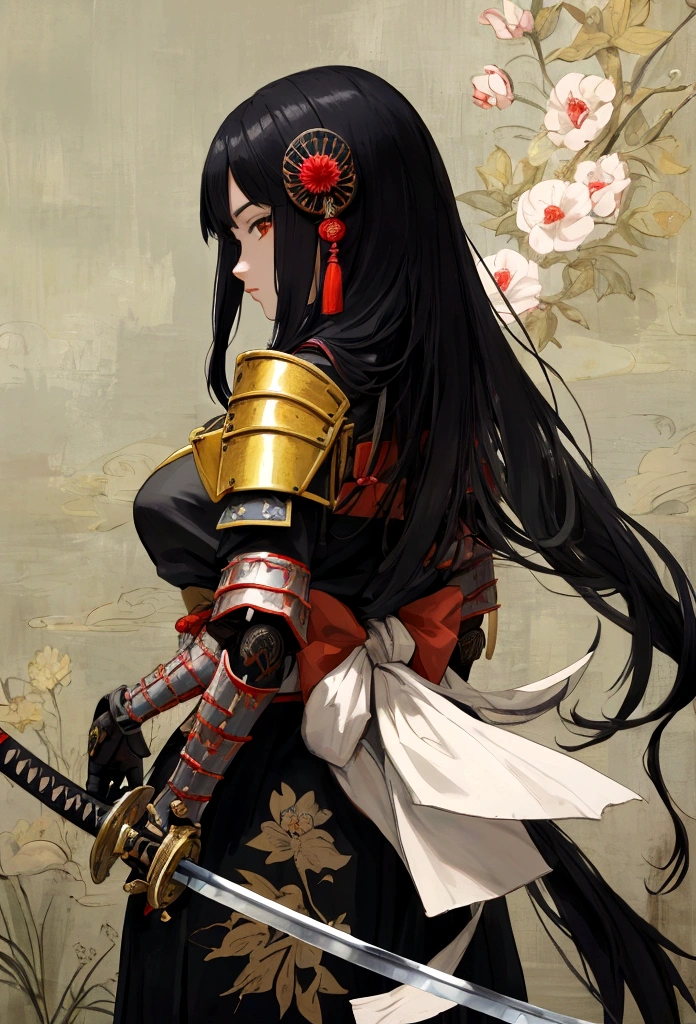 a picture of Japanese female knight, she has long black hair, wearing samurai armor, armed with a katana, ready for battle, ((shot taken from the back)), Japanese fantasy art, (Masterpiece: 1.5), 16k, highres, best quality, high details, ultra detailed, masterpiece, best quality, (extremely detailed), arafed, dnd art, JapaneseKatana, wtrcolor style