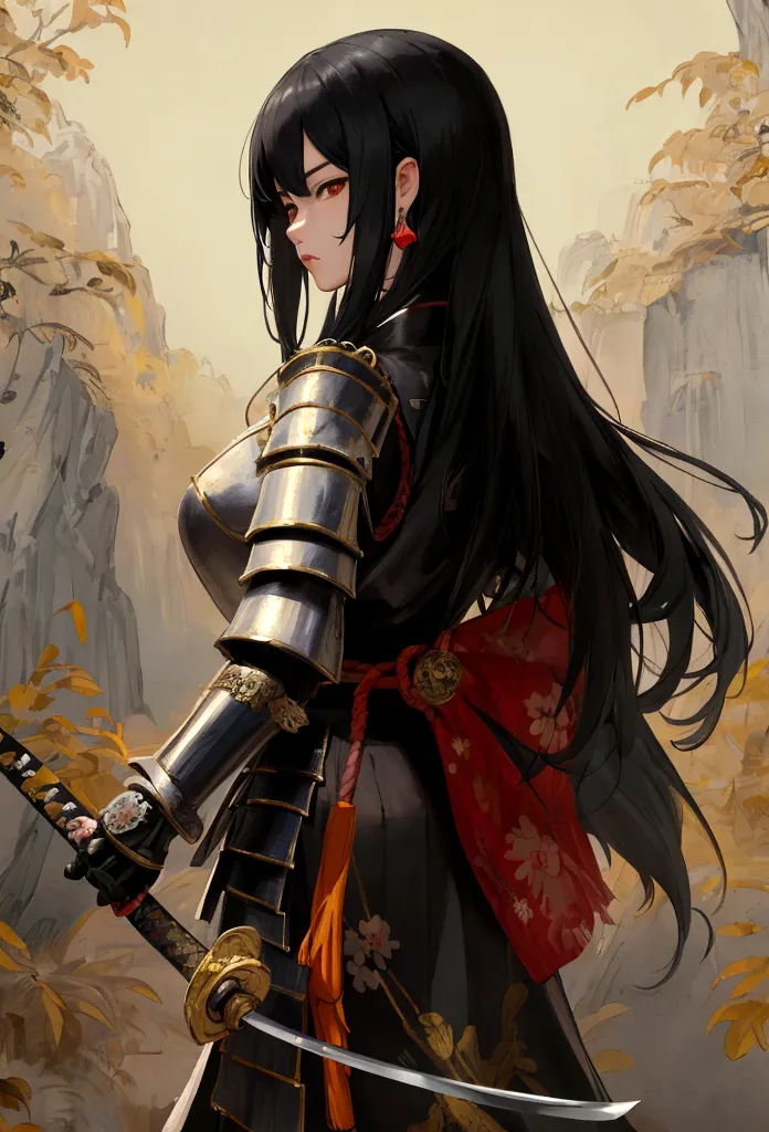 a picture of Japanese female knight, she has long black hair, wearing samurai armor, armed with a katana, ready for battle, ((sh...