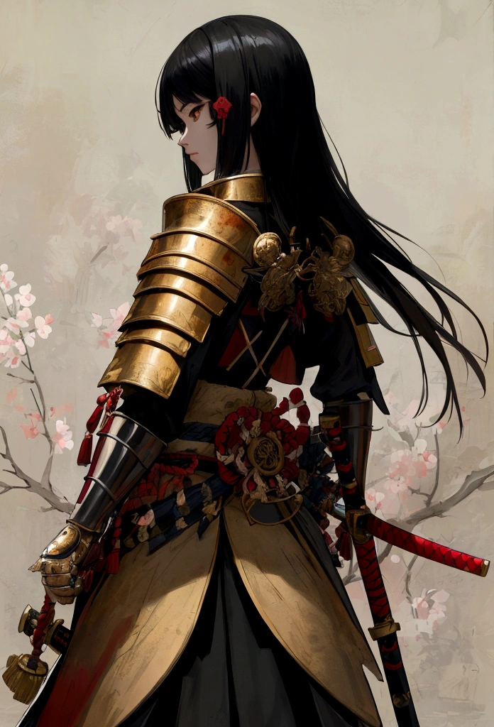 a picture of Japanese female knight, she has long black hair, wearing samurai armor, armed with a katana, ready for battle, ((shot taken from the back)), Japanese fantasy art, (Masterpiece: 1.5), 16k, highres, best quality, high details, ultra detailed, masterpiece, best quality, (extremely detailed), arafed, dnd art, JapaneseKatana, wtrcolor style