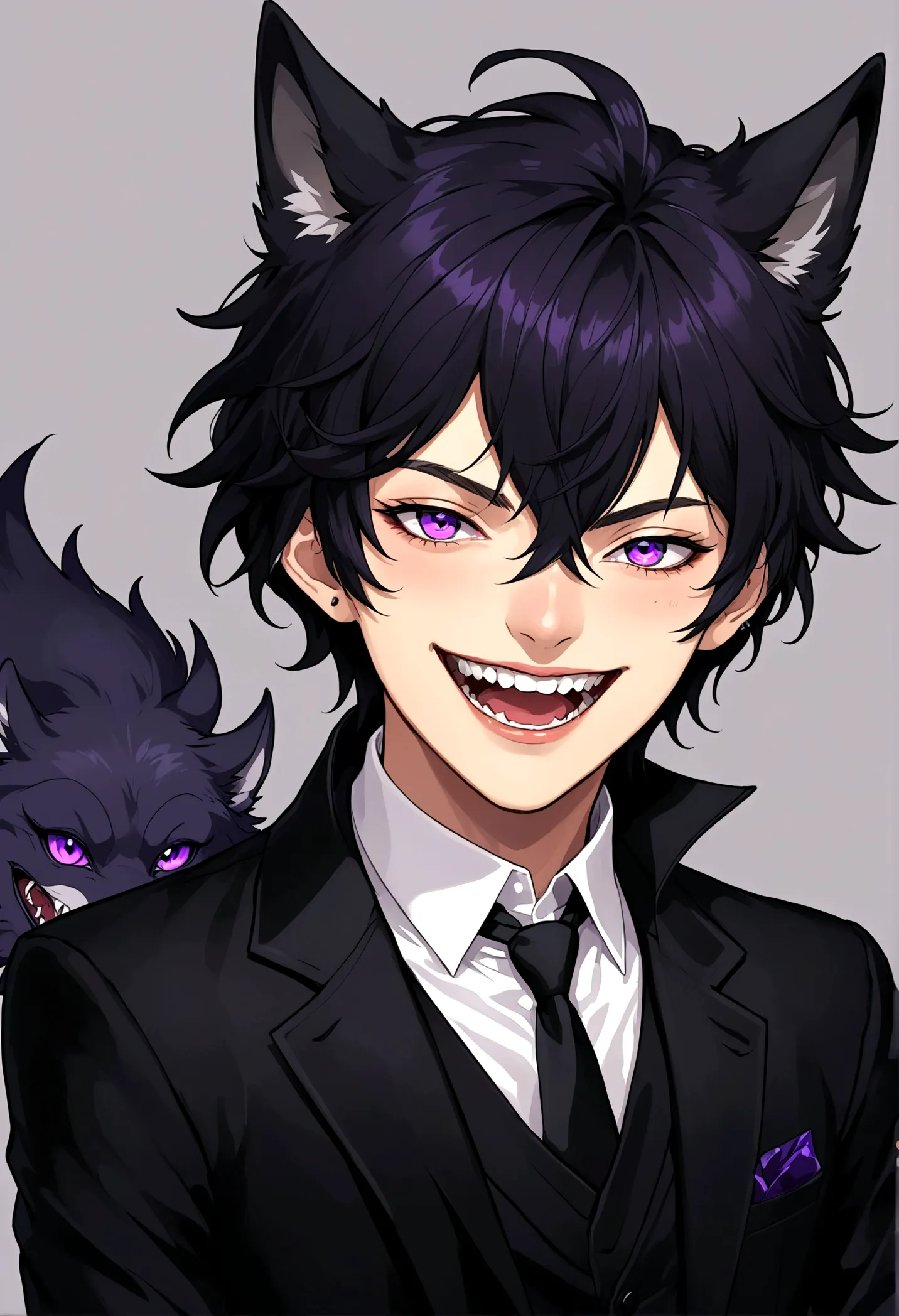 handsome anime boy， laughing out loud，teeth，purple eyes，black short hair,wolf ears，black suit with collar decoration，hand