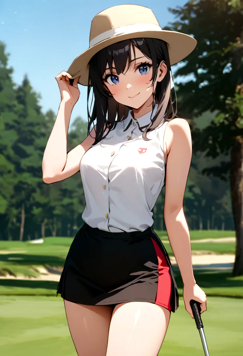 sound　high resolution　8k beauty　Woman playing golf　Golf course　Beautiful woman　Timid　Black Hair　　Golf Wear　mini skirt　smile　　loo...