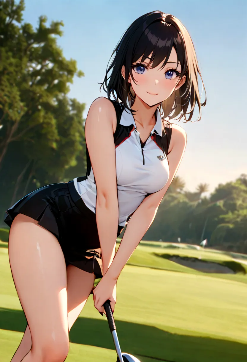 sound　high resolution　8k beauty　Woman playing golf　Golf course　Beautiful woman　Timid　Black Hair　　Golf Wear　mini skirt　smile　　loo...