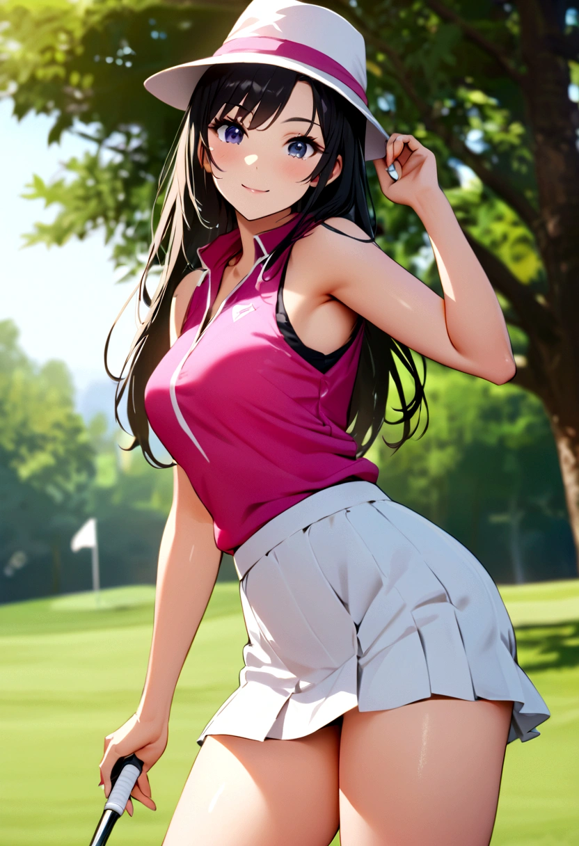 sound　high resolution　8k beauty　Woman playing golf　Golf course　Beautiful woman　Timid　Black Hair　　Golf Wear　mini skirt　smile　　looking at the camera　nice shot　No sleeve　Ten-gallon hat　Blonde