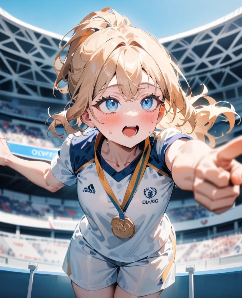 masterpiece, best quality, very aesthetic, absurdres, newest, 1girl, solo, young adult, blonde, ponytail, long hair, blue eyes, looking up, ecstatic expression, sports uniform, gold medal, pointing to the sky, center of the podium, Olympic stadium, daytime, clear sky, full body