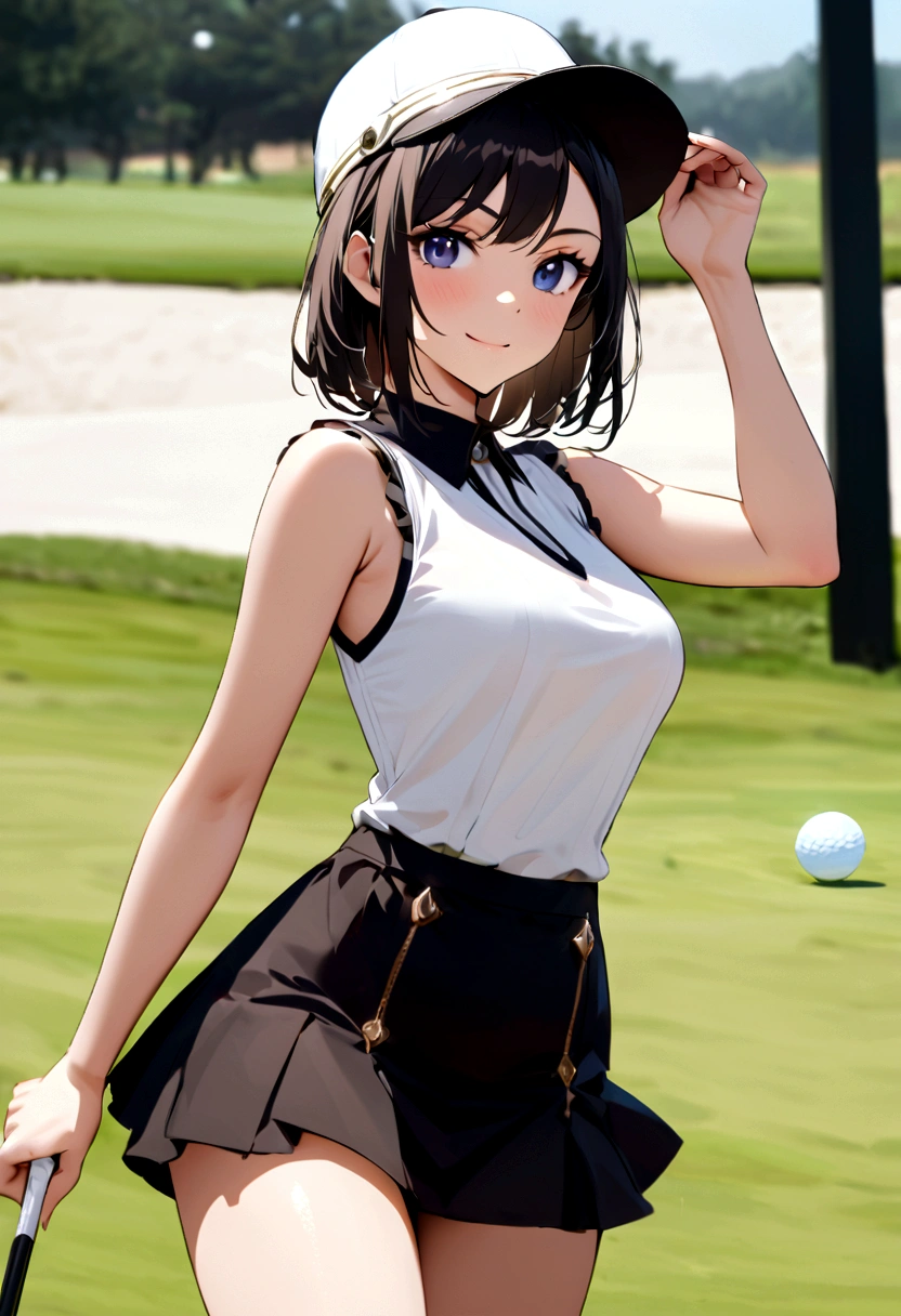 sound　high resolution　8k beauty　Woman playing golf　Golf course　Beautiful woman　Timid　Black Hair　　Golf Wear　mini skirt　smile　　looking at the camera　nice shot　No sleeve　Ten-gallon hat　Blonde