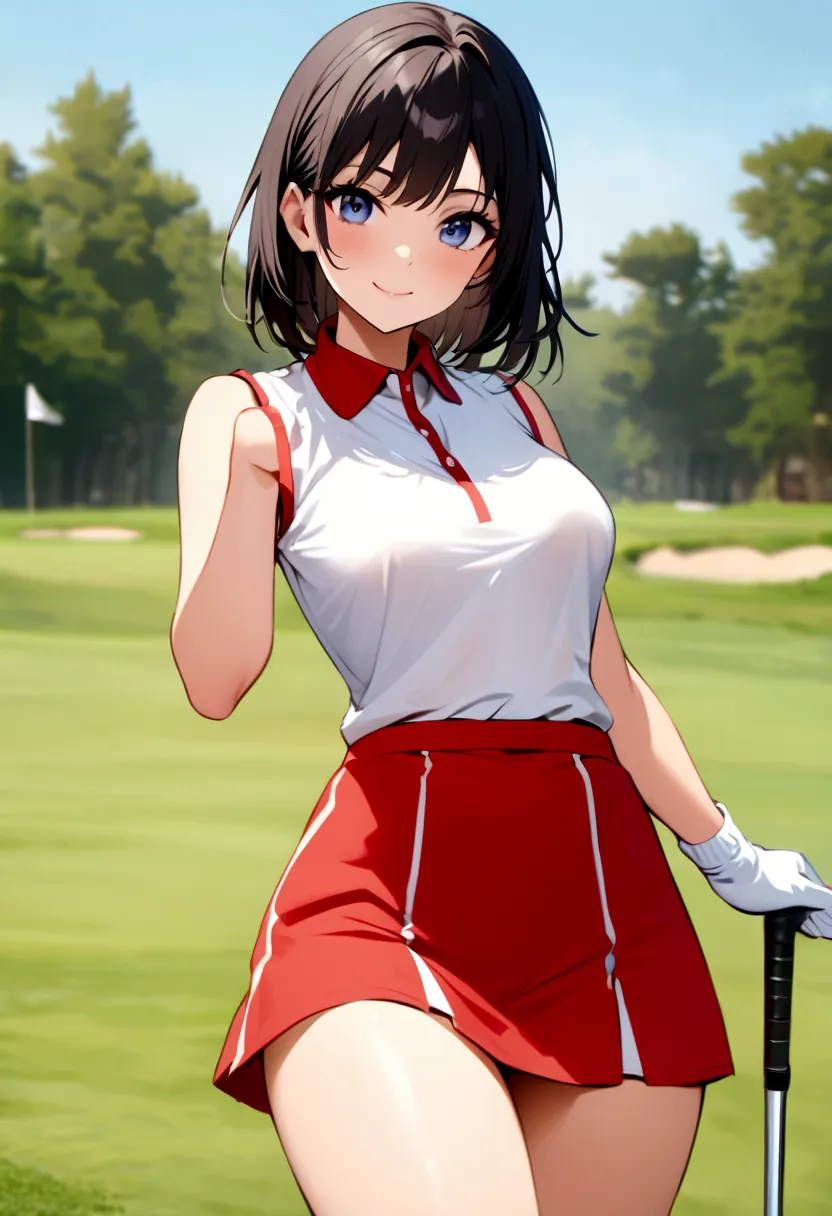 sound　high resolution　8k beauty　Woman playing golf　Golf course　Beautiful woman　Timid　Black Hair　　Golf Wear　mini skirt　smile　　loo...