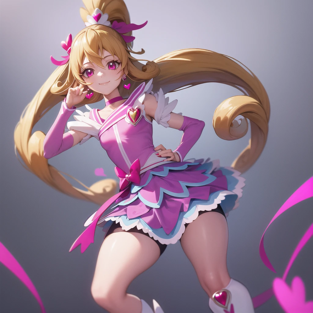 masterpiece, Highest quality, Absurd, One girl, alone, Cure Heart, Blonde, Long Hair, ponytail, Magical girl, choker, jewelry, Pink Dress, Pink sleeves, Heart Brooch, Pink ribbon, Purple shorts, Knee Boots, smile, Hands on hips, 