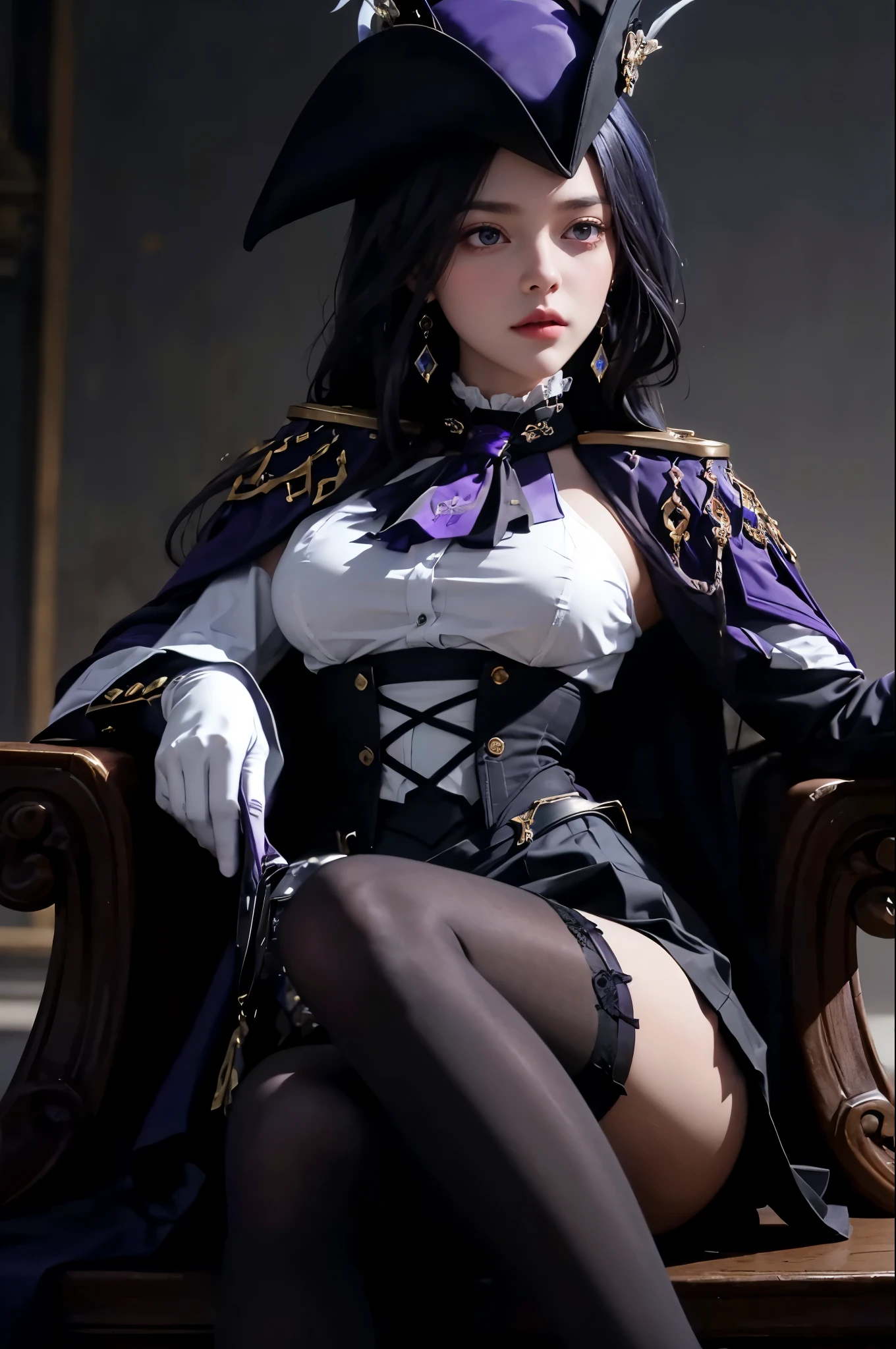 1girl, high res, highly detail, masterpiece, best quality, giclorinde, purple eyes, large breasts, hair between eyes, long hair, dark blue hair, earrings, black skirt, miniskirt, pantyhose, purple ascot, purple capelet, black corset, black pantyhose, black skirt, white gloves, hat, tricorne,