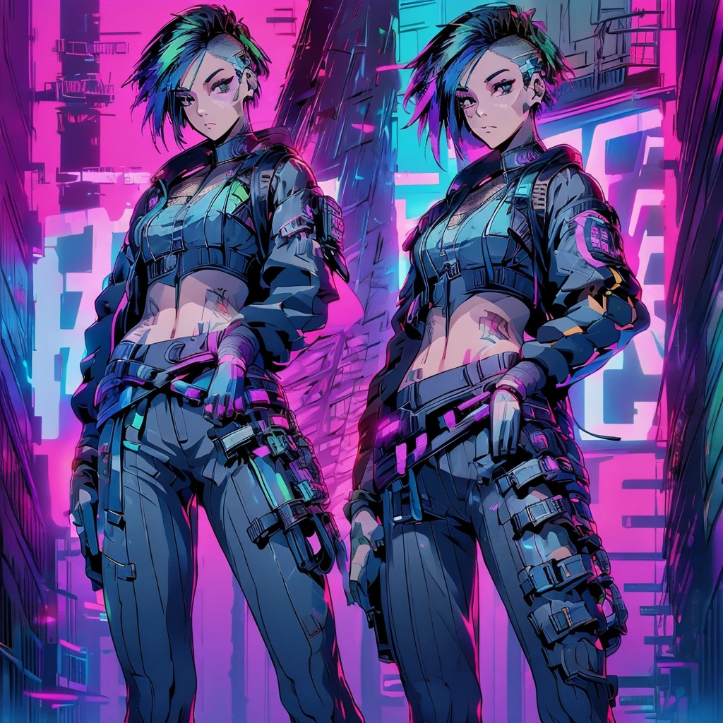 Create an anime-style, high-resolution, ultrasharp 8K masterpiece of Judy Alvarez from "Cyberpunk 2077." She has a punk-inspired look with partially shaved sides and the rest of her hair dyed in vibrant colors. Her expressive eyes are highlighted with bold, edgy makeup. She sports a series of intricate tattoos covering her neck, arms, and torso, adding to her rebellious aura. Judy wears a stylish, futuristic outfit with a mix of leather and neon accents, embodying the gritty, cyberpunk aesthetic. The background should reflect the neon-lit streets of Night City, emphasizing the urban, high-tech environment. Capture her confident, determined expression as she stands ready, showcasing her role as a skilled braindance technician and fierce protector of the marginalized.